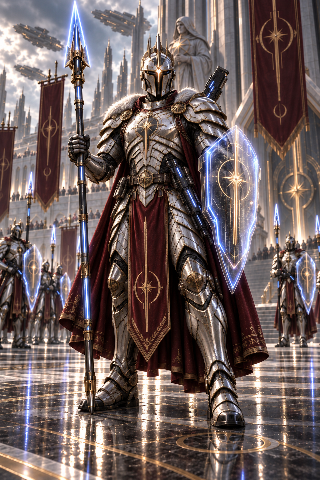 Aurelian guard in ivory and gold armor beneath the banners of a grand plaza