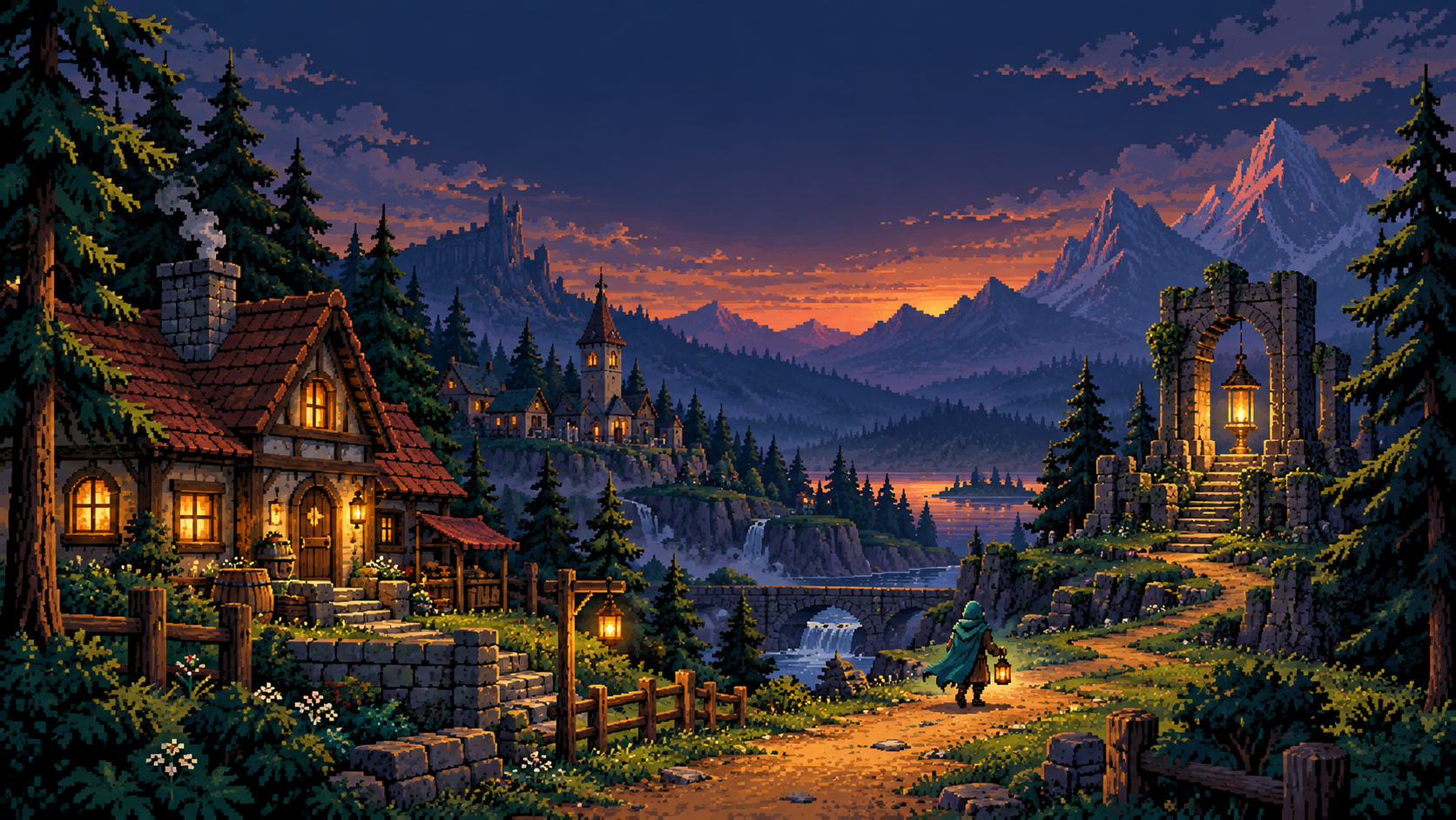 A lantern-bearing traveler follows a golden path toward a ruined shrine in Embervale