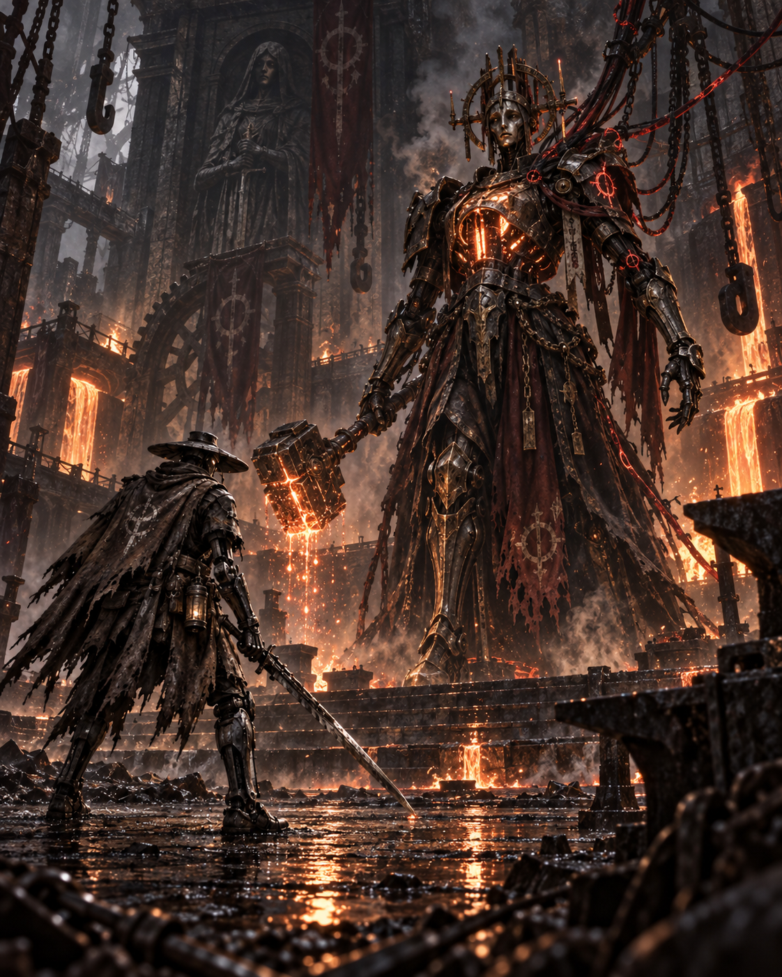 Cairn faces the towering mechanical Forge Matron inside a burning fortress