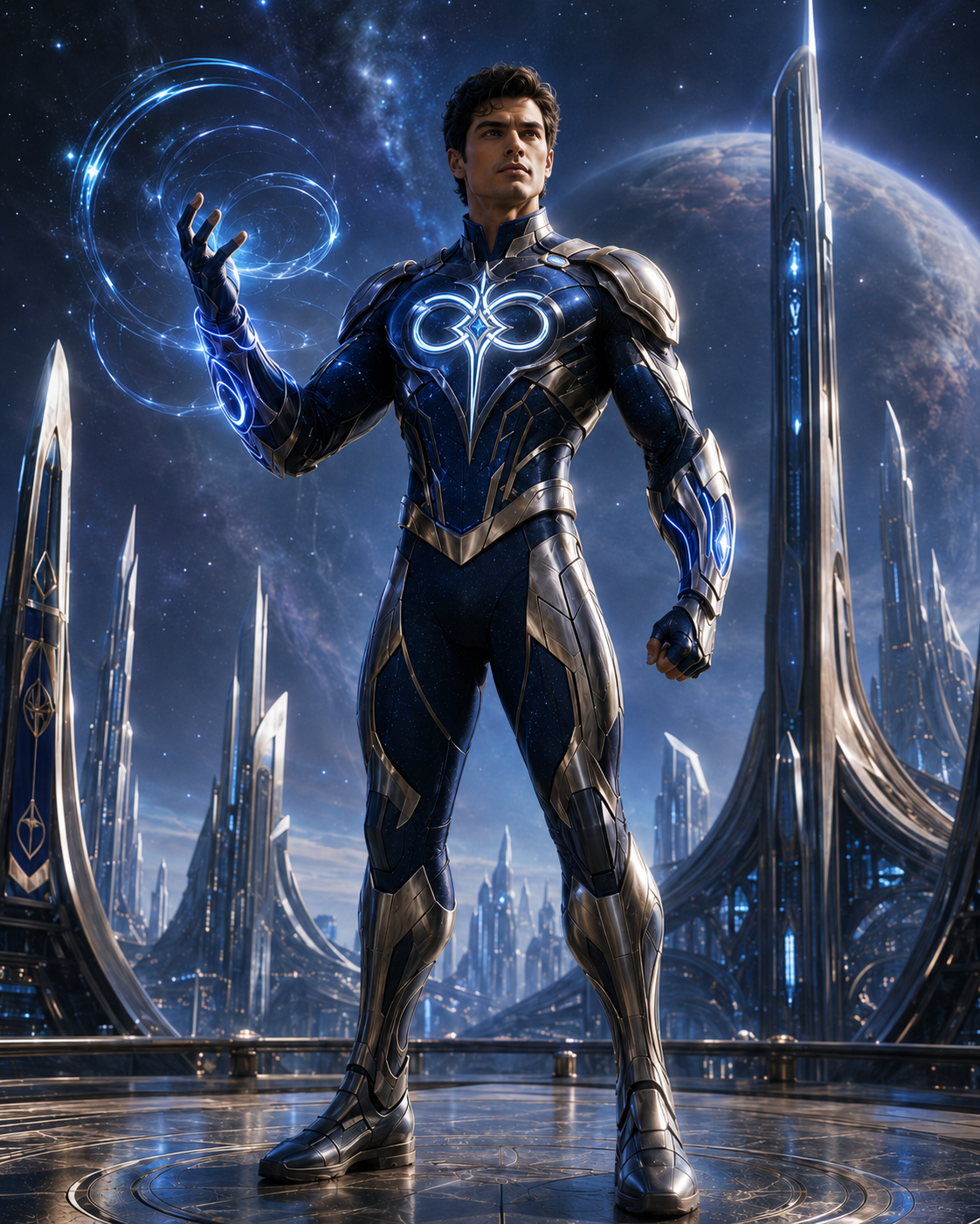 A young armored hero stands beneath a vast night sky above a futuristic city