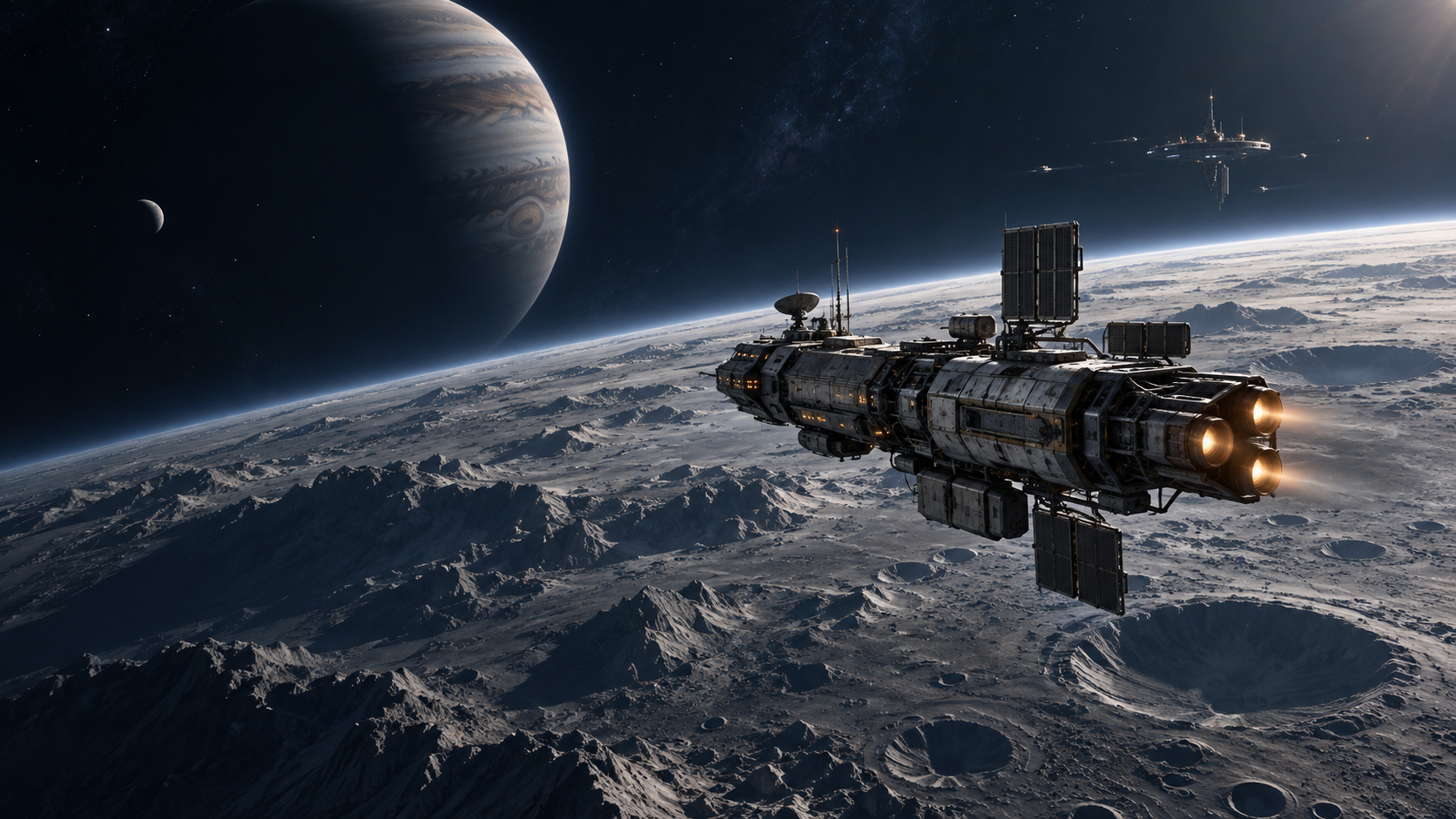 Exploration ship above a rugged moon in the Starveil Odyssey frontier